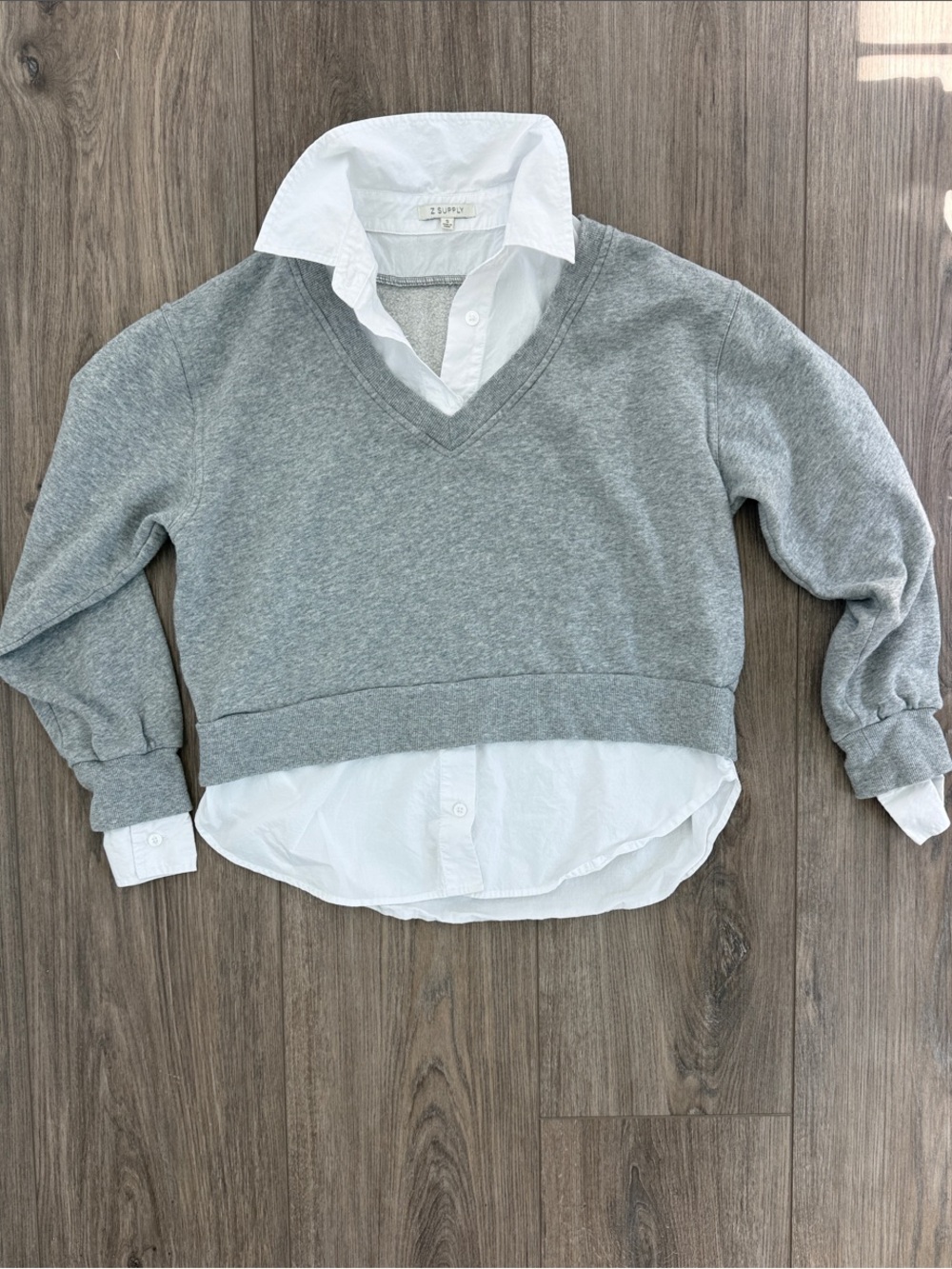 Z Supply Gray Layered V-Neck Sweater with Faux Shirt Hem